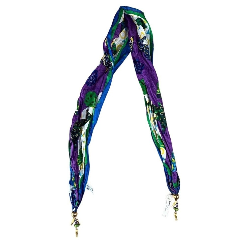 Ginnie Johansen Scarf Womens‎ Multicolor Sea Life Fish Print Beaded Tassels